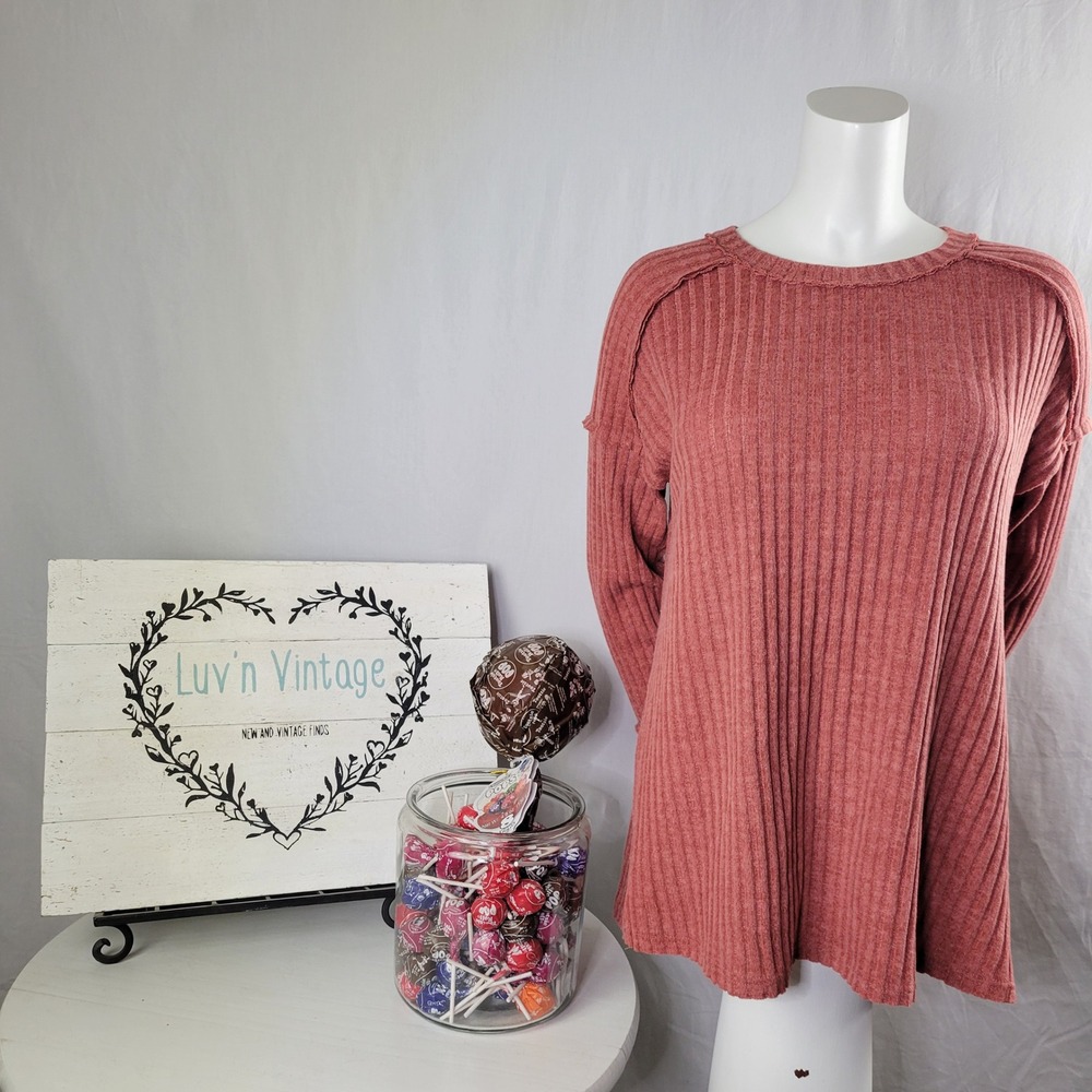 Easel Womens Small Dusty Rose Ribbed Knit Long Sleeve Tunic Top Exposed Seams